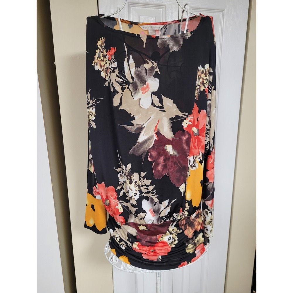 Boston Proper Floral Ruched Waist BoatNeck Dolman Sleeve Bohemian Blouse Size M